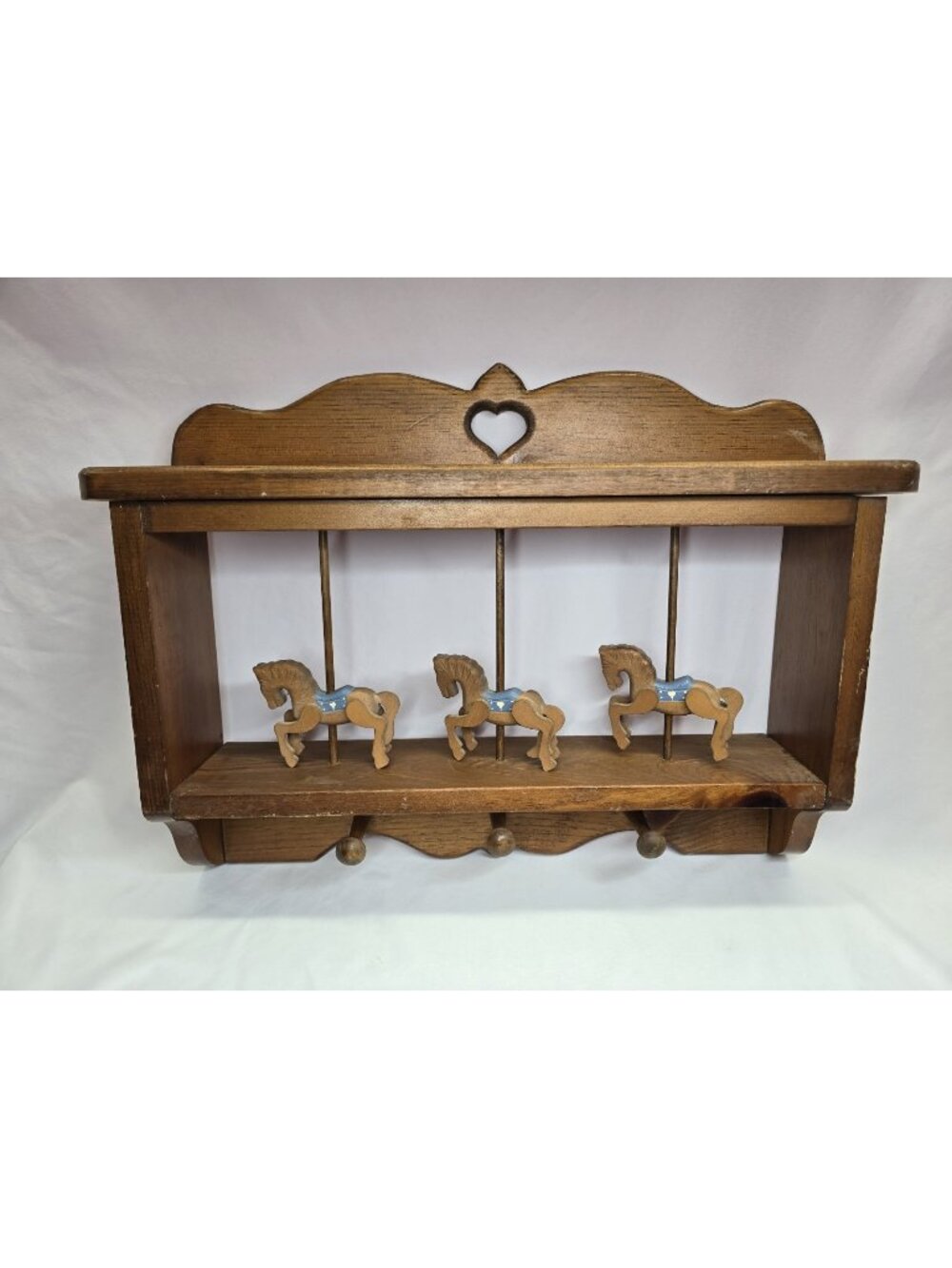Vintage Cottagecore Shabby Chic Wooden Wall Shelf 3 Carved Horses Heart Cut Out